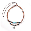 Wooden bead necklace with turquoise alloy pendant, wax rope chain, geometric flower design, QNN1108