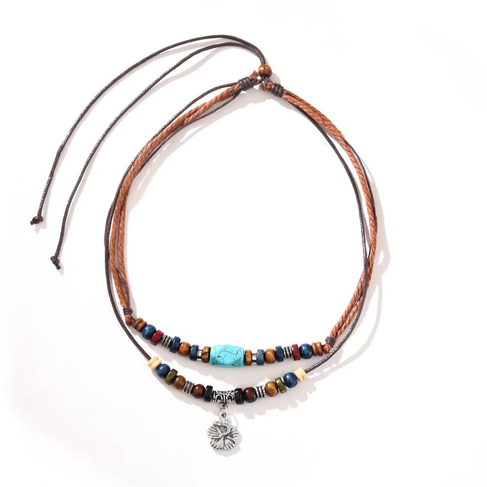 Wooden bead necklace with turquoise alloy pendant, wax rope chain, geometric flower design, QNN1108