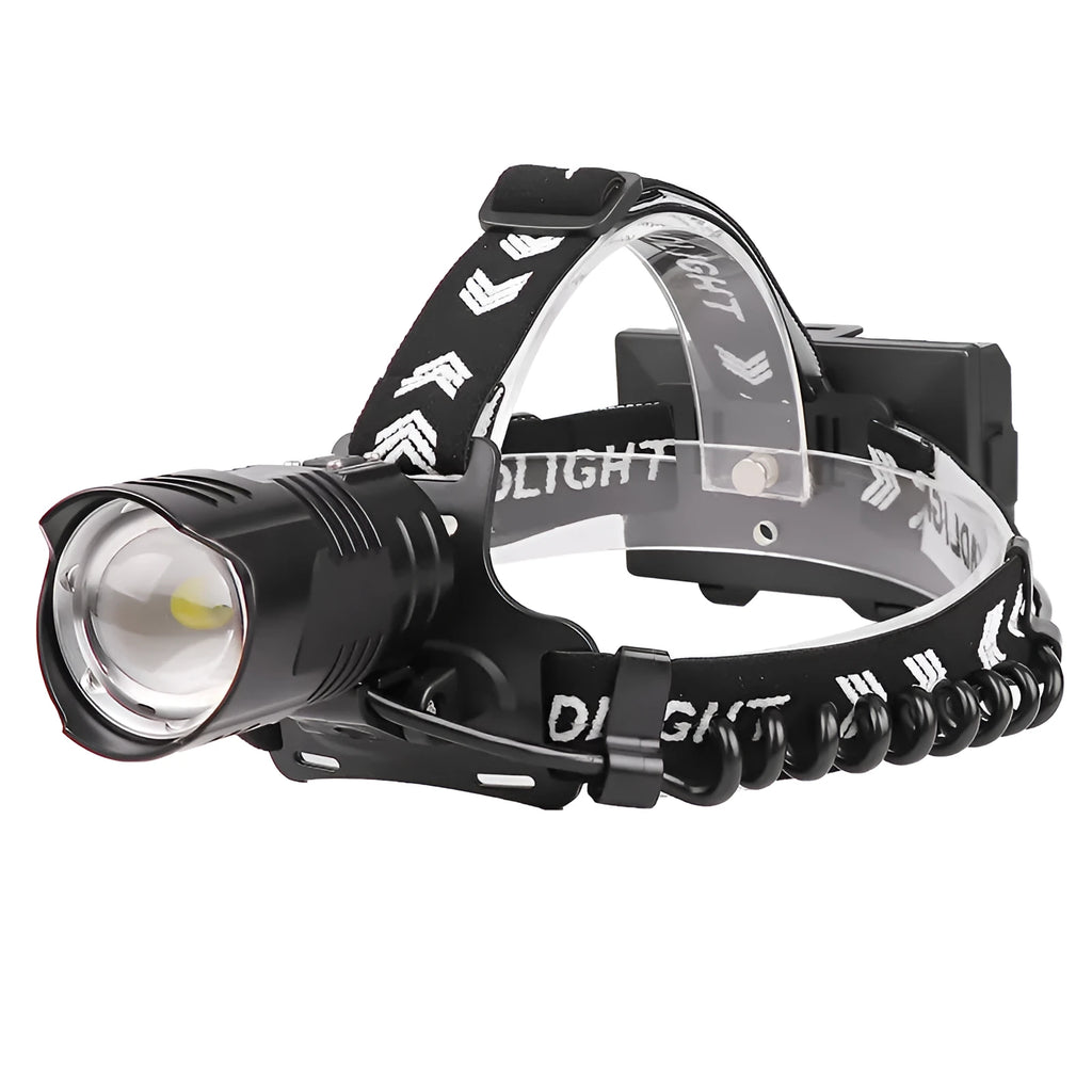 Black USB rechargeable headlamp torch with telescopic zoom lens and adjustable headband