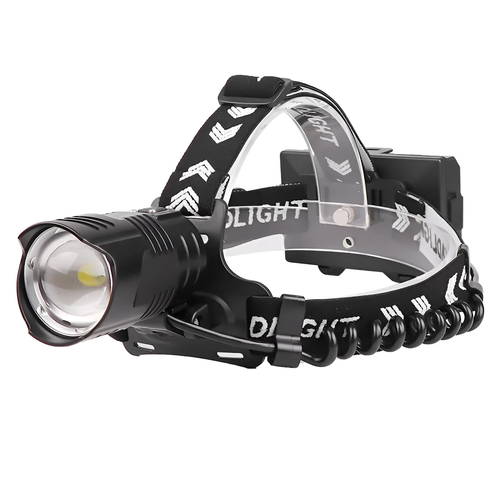 Black USB rechargeable headlamp torch with telescopic zoom lens and adjustable headband