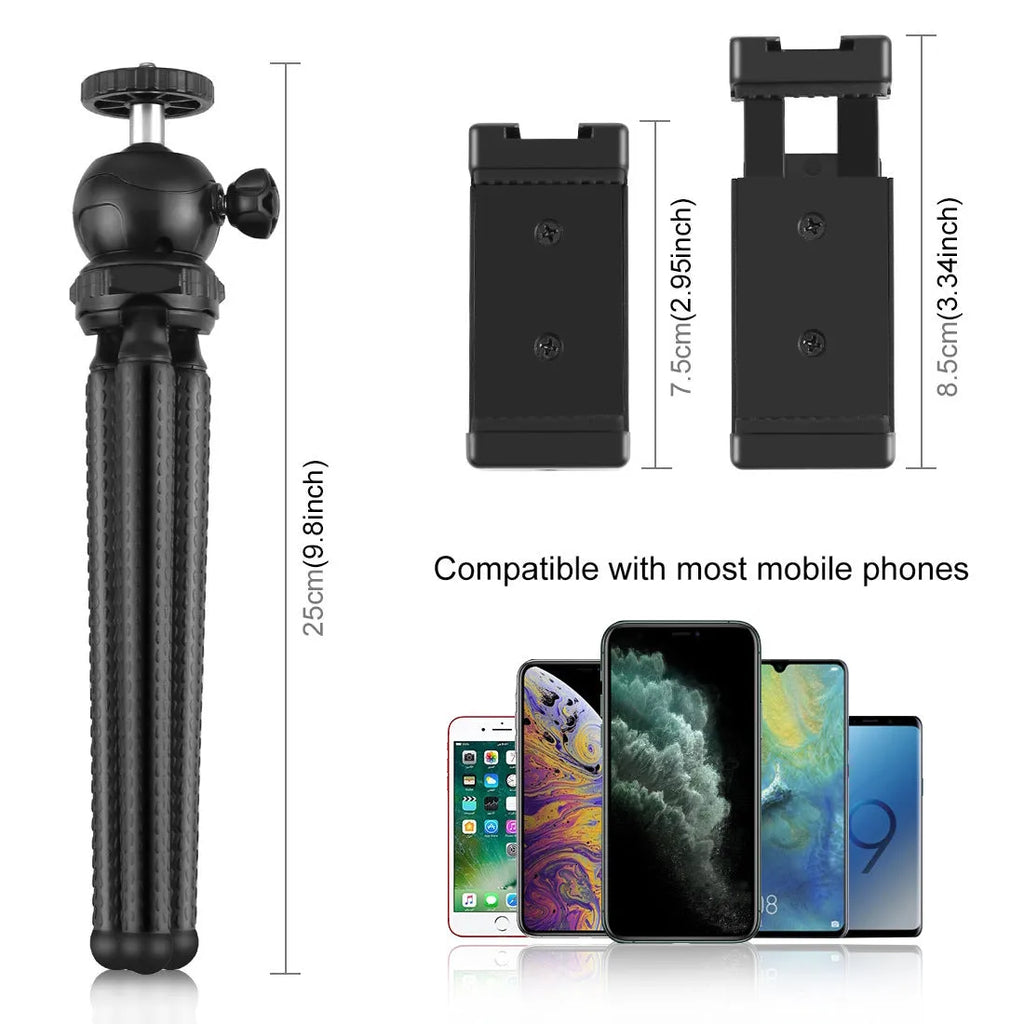 Black octopus tripod live broadcast kit with flexible legs, fill light, and microphone for iPhone.