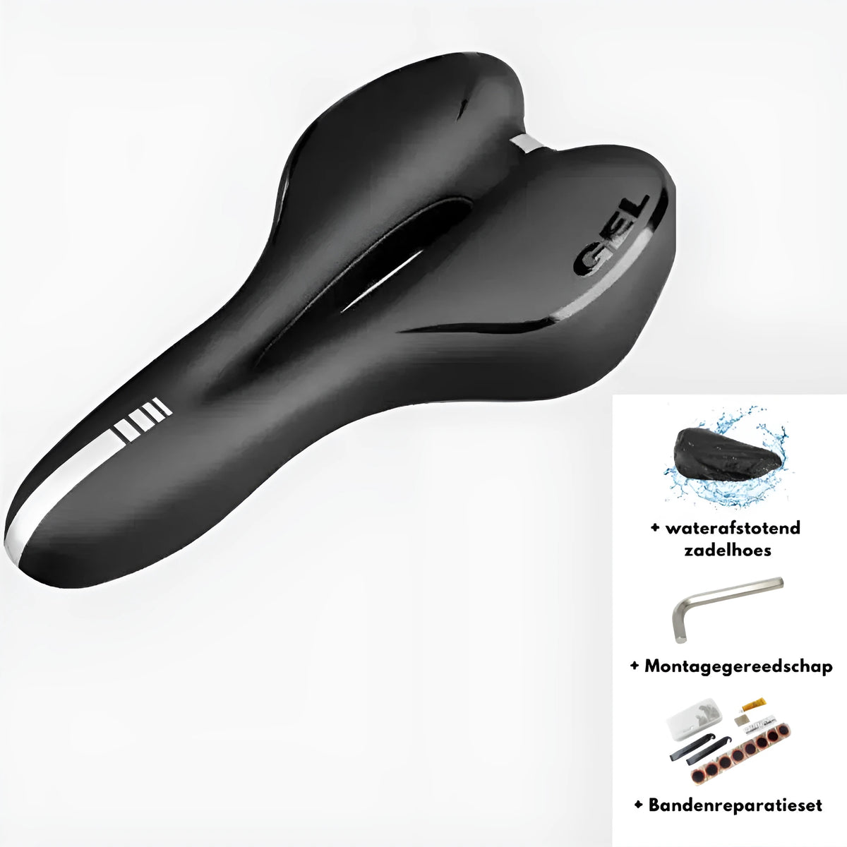 Bicycle saddle cushion with silicone padding and waterproof cover alongside wrench and patch kit