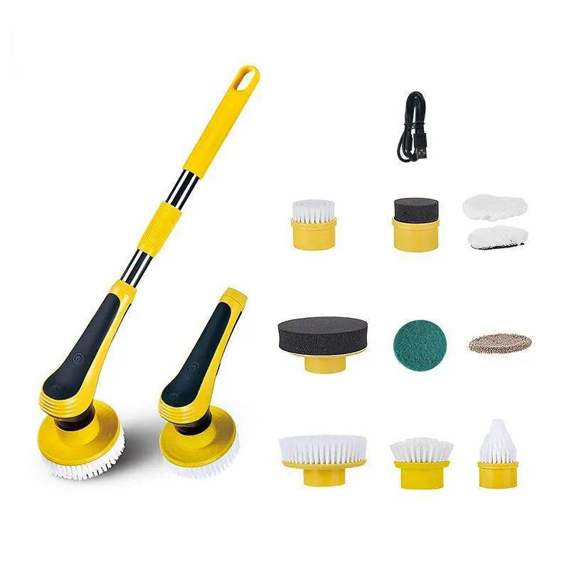Yellow electric cleaning brush with adjustable handle and USB charging cable on bathroom floor