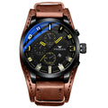 Casual quartz watch with 40.5mm dial, nubuck leather strap, and synthetic sapphire glass showing perspective window detail