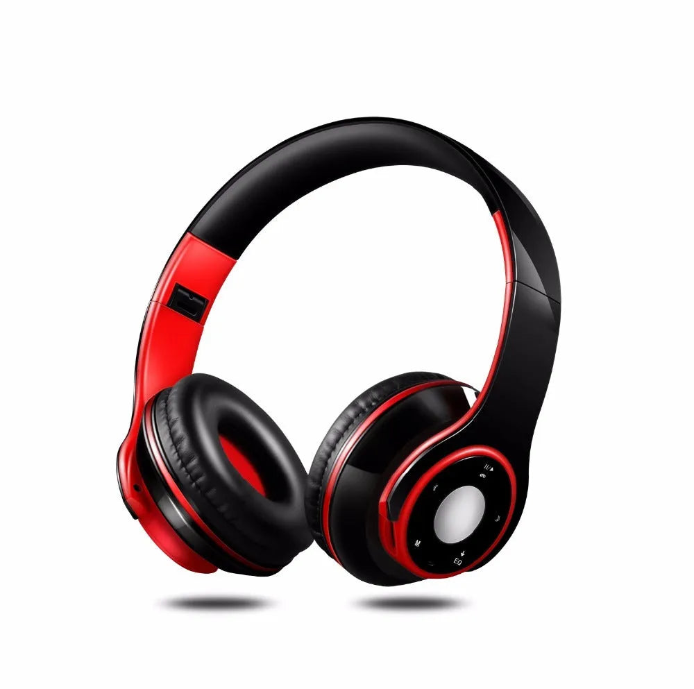 A foldable wireless Bluetooth over-ear headset in blue, showing adjustable hinges and ear cups.