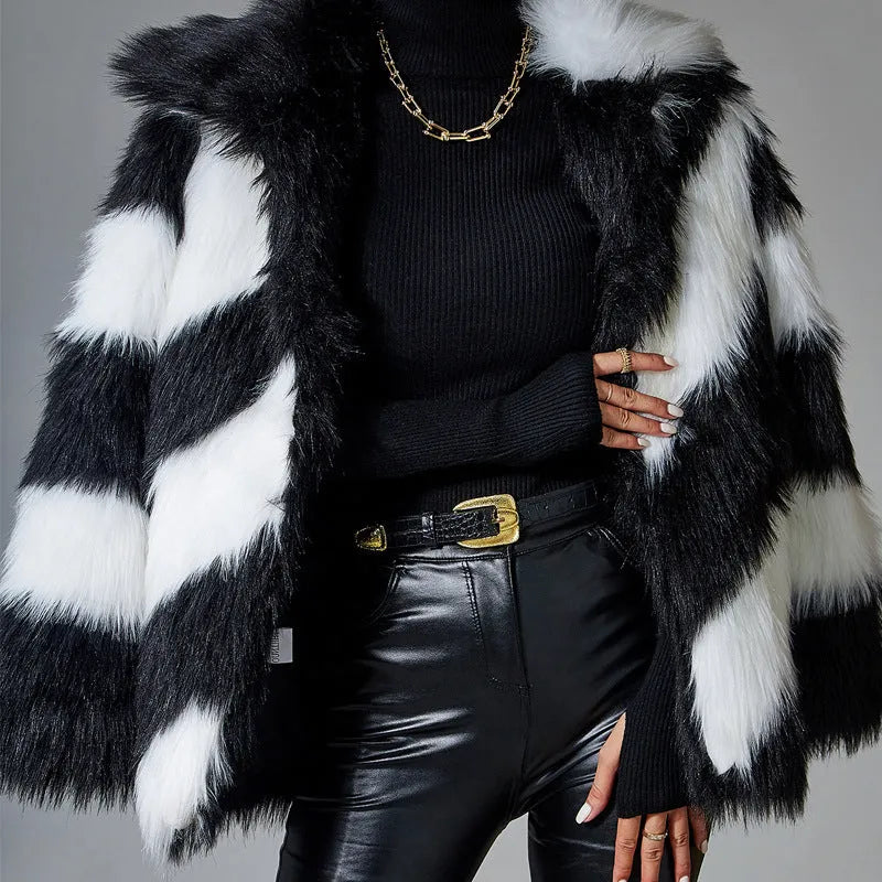 Faux fur coat with contrast lapels and matching fur collar showing 50cm length