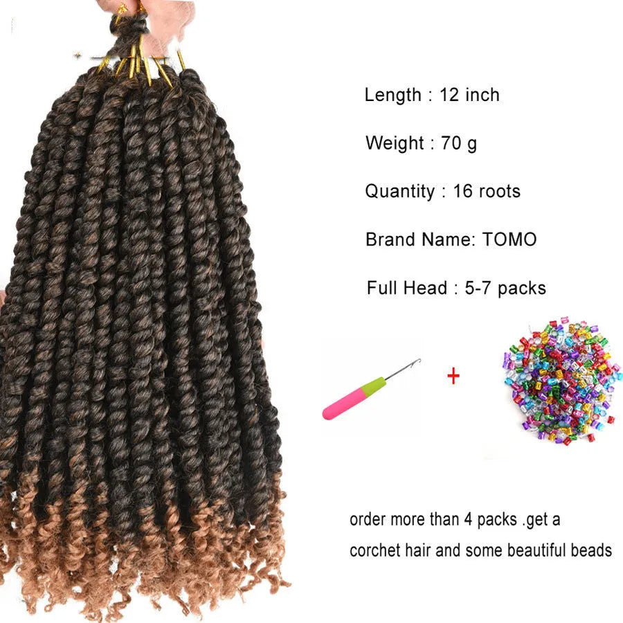 TOMO pre-twisted passion twist crochet hair in 12inch and 18inch lengths, colours 1B, T27, T30, TBUG