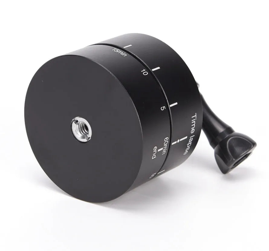 Auto-rotate 360-degree camera tripod head for GoPro and SLR timelapse photography on a tripod.