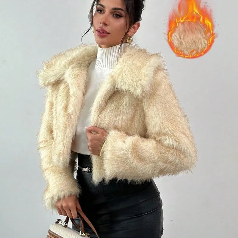 Short black artificial fur coat with a large fur collar, shown on a model.