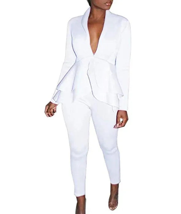 Women's white polyester business uniform set consisting of a shirt and pencil trousers on a hanger.