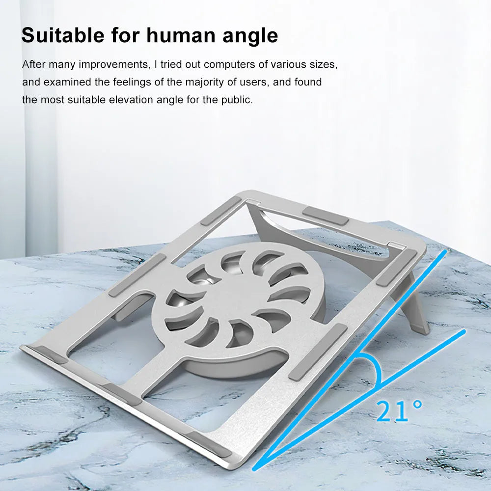 M9 silver aluminium alloy folding laptop stand on desk with closed legs
