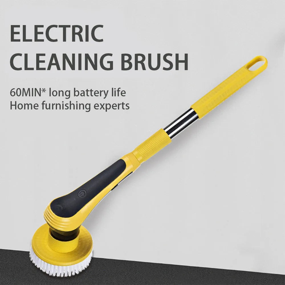Yellow electric cleaning brush with adjustable handle and USB charging cable on bathroom floor
