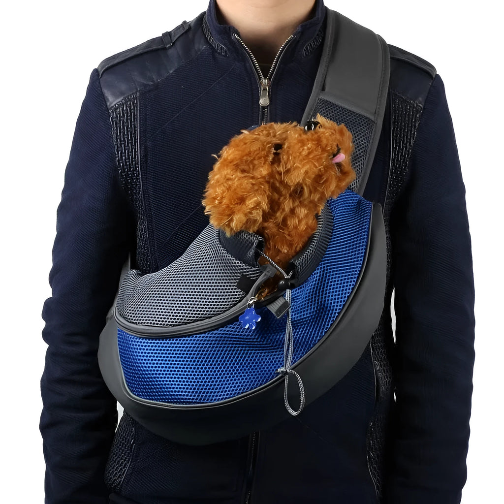 Blue pet backpack for a small dog, showing padded interior and shoulder straps.