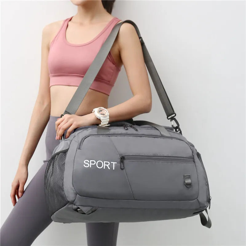 Oxford sports gym backpack with shoe compartment and multiple pockets, 55x30x22cm, available in five colours.