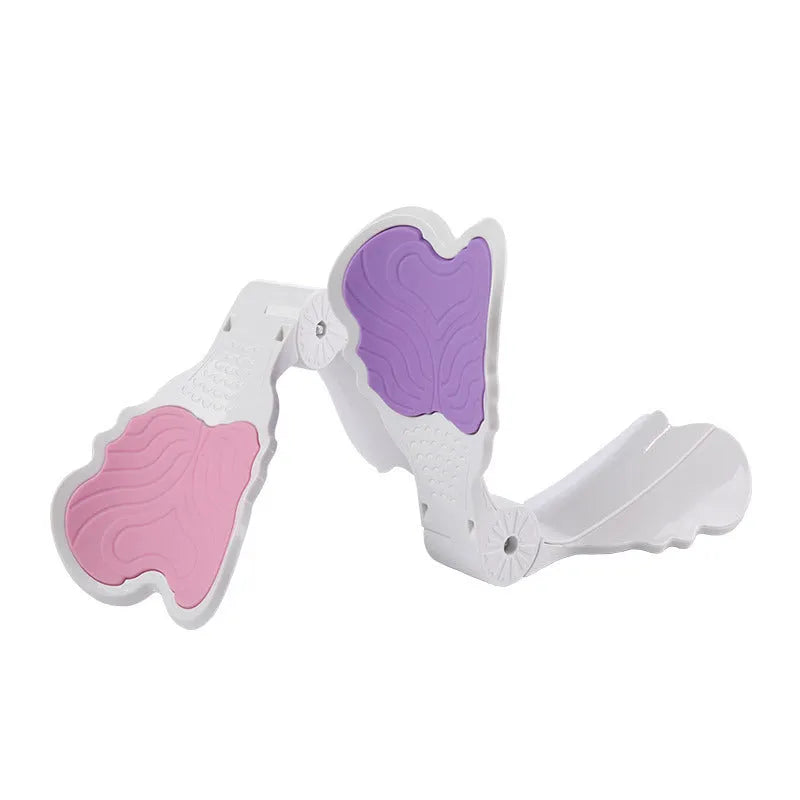 Pink ABS silicone pelvic floor hip trainer 27cm on white background with exercise pose diagram