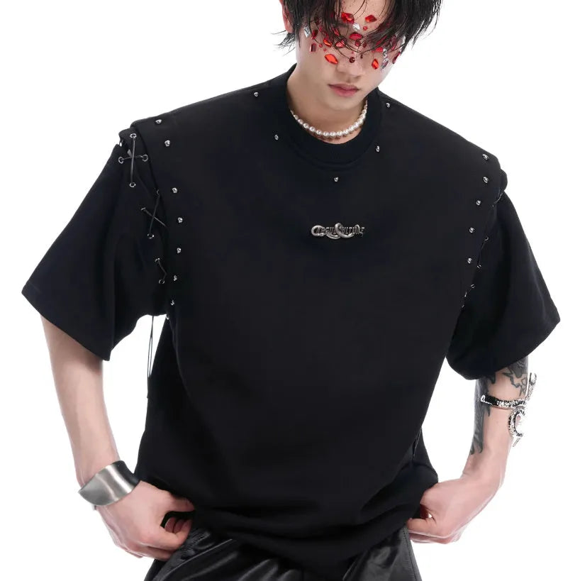 Women's black short sleeve t-shirt with lace-up detail and cutout design on front.
