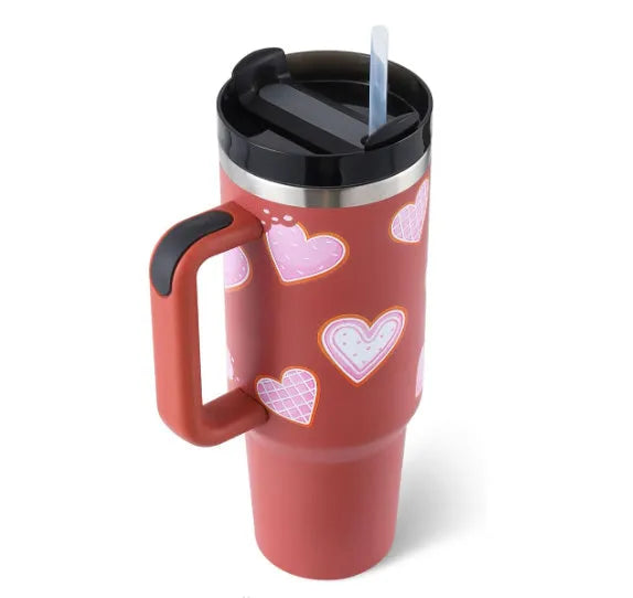 40 oz insulated stainless steel tumbler with handle straw and spill proof lid in a tapered design for car or gym use