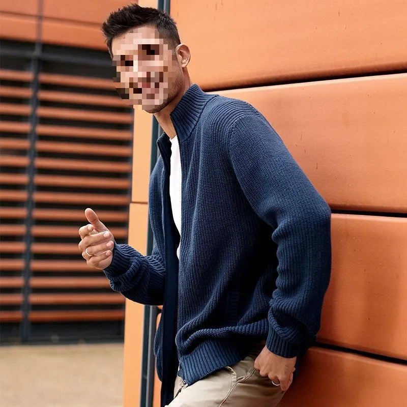 Men's half-high collar cardigan sweater slim jacket in black spandex vinylon with batwing sleeves