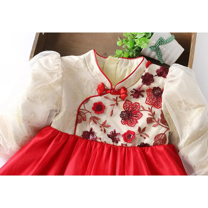 Girls floral red dress in chemical fibre blend, spring autumn, sizes 73cm to 95cm