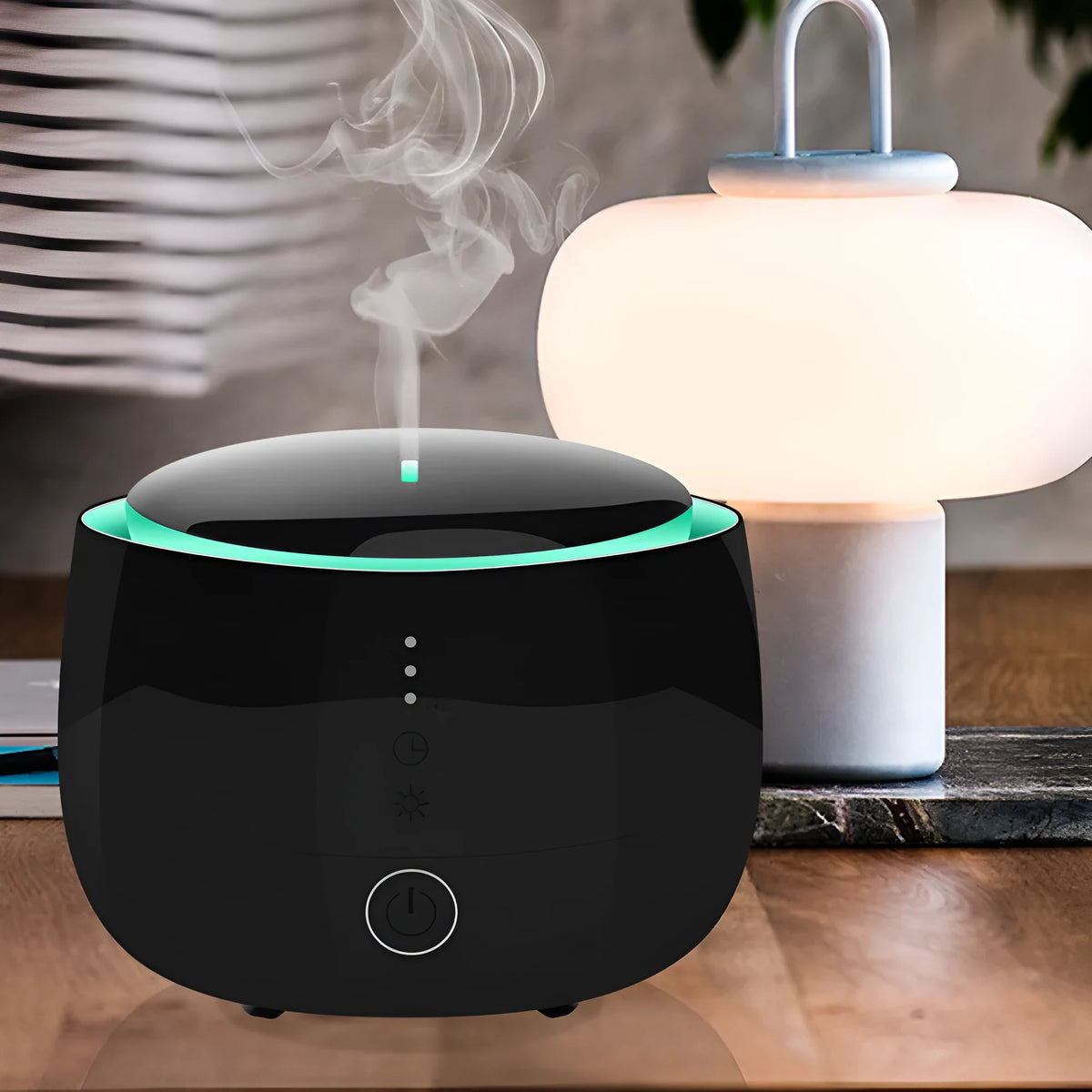 Black smart home aromatherapy humidifier with 300ml tank, LED lights, and touch control, 144mm base diameter.