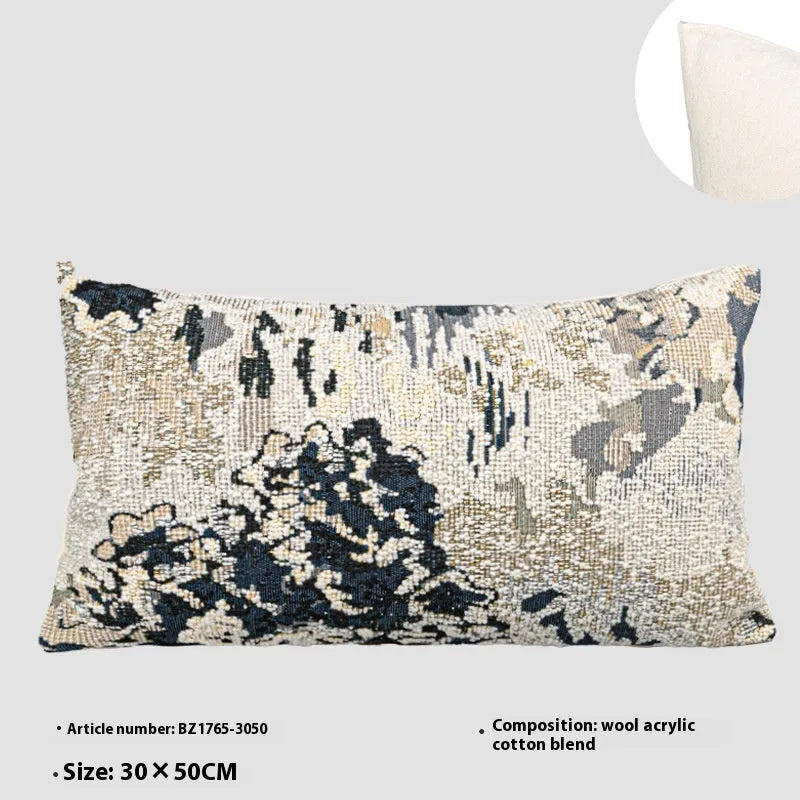 Antique blue wool blend floral decorative cushion in Chinese style, shown in square and waist pillow sizes.