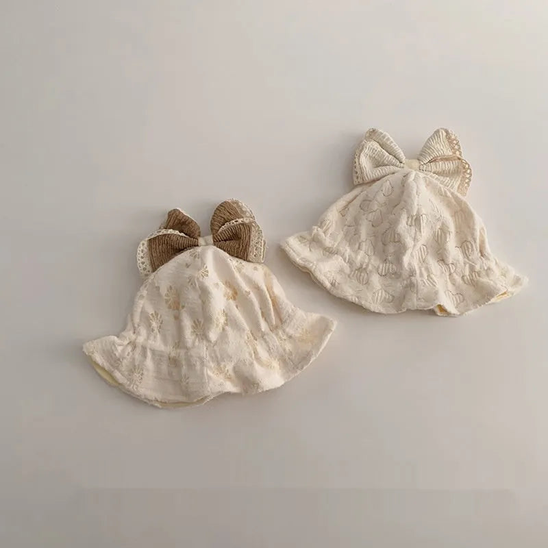 Cotton windproof bow fisherman hat for newborns, 38-42cm bucket hat in Fireworks, Heart, Leaf or Stripe style