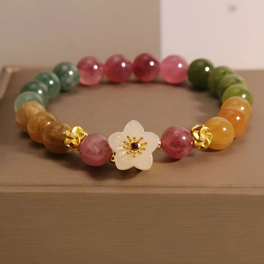 Natural tourmaline geometric bracelet with floral and Chinese fu character designs