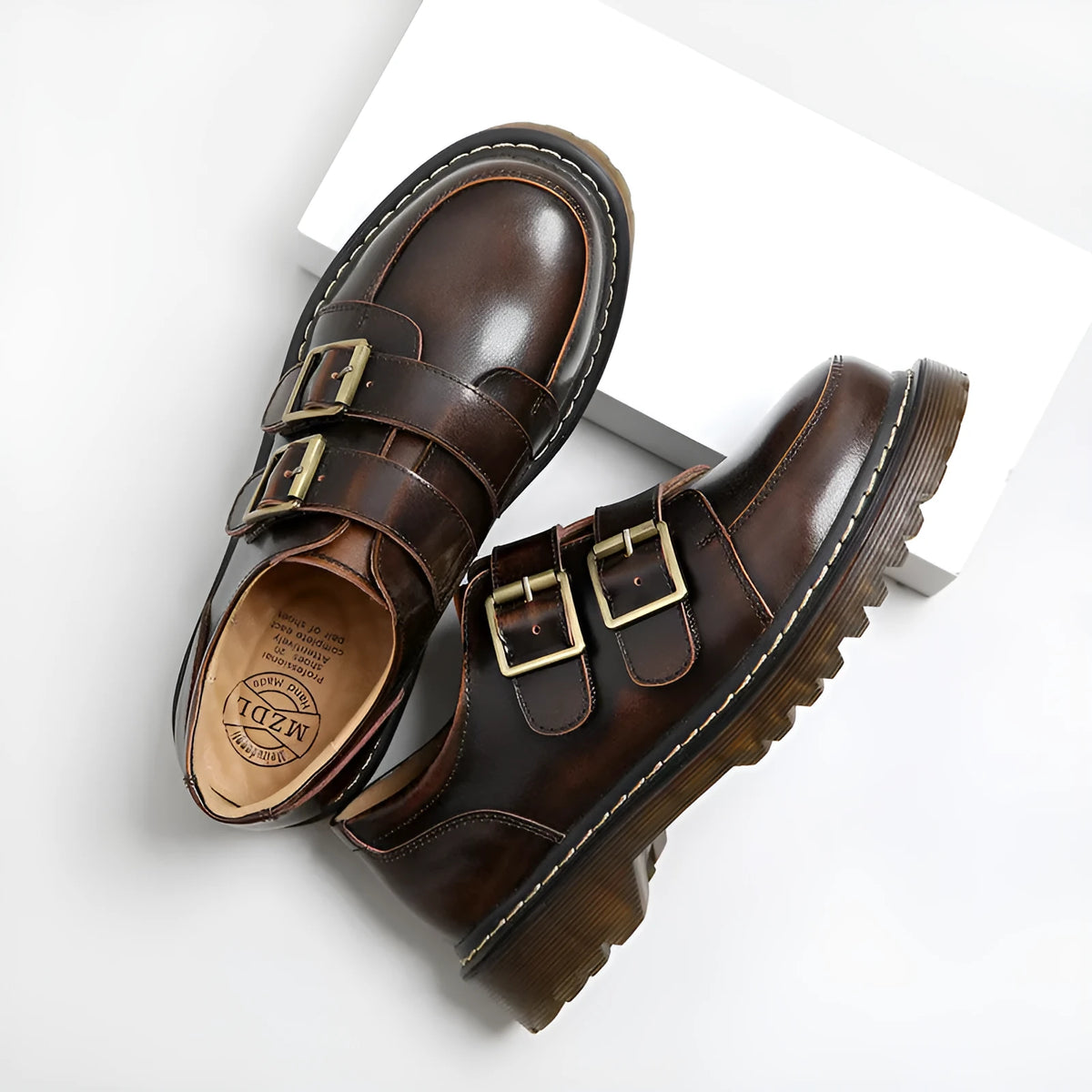 Women's retro double buckle pumps in black or brown genuine leather, flat 0-1cm heel, round toe, sizes 34-41.