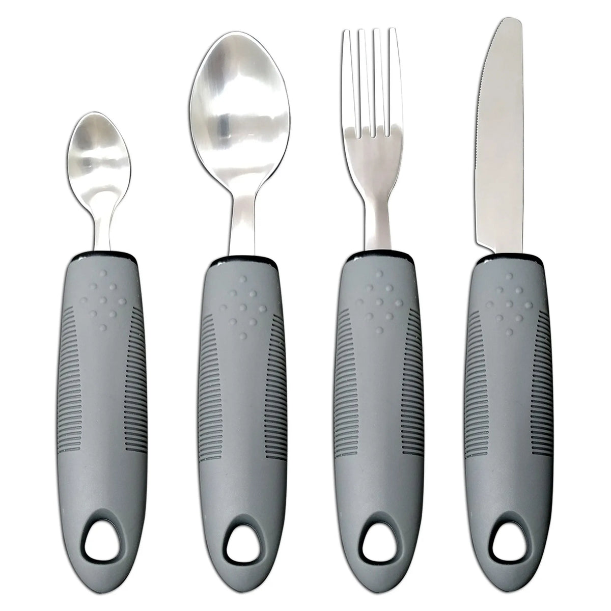 Anti-shake adaptive tableware set with stainless steel utensils and rubber handle grips