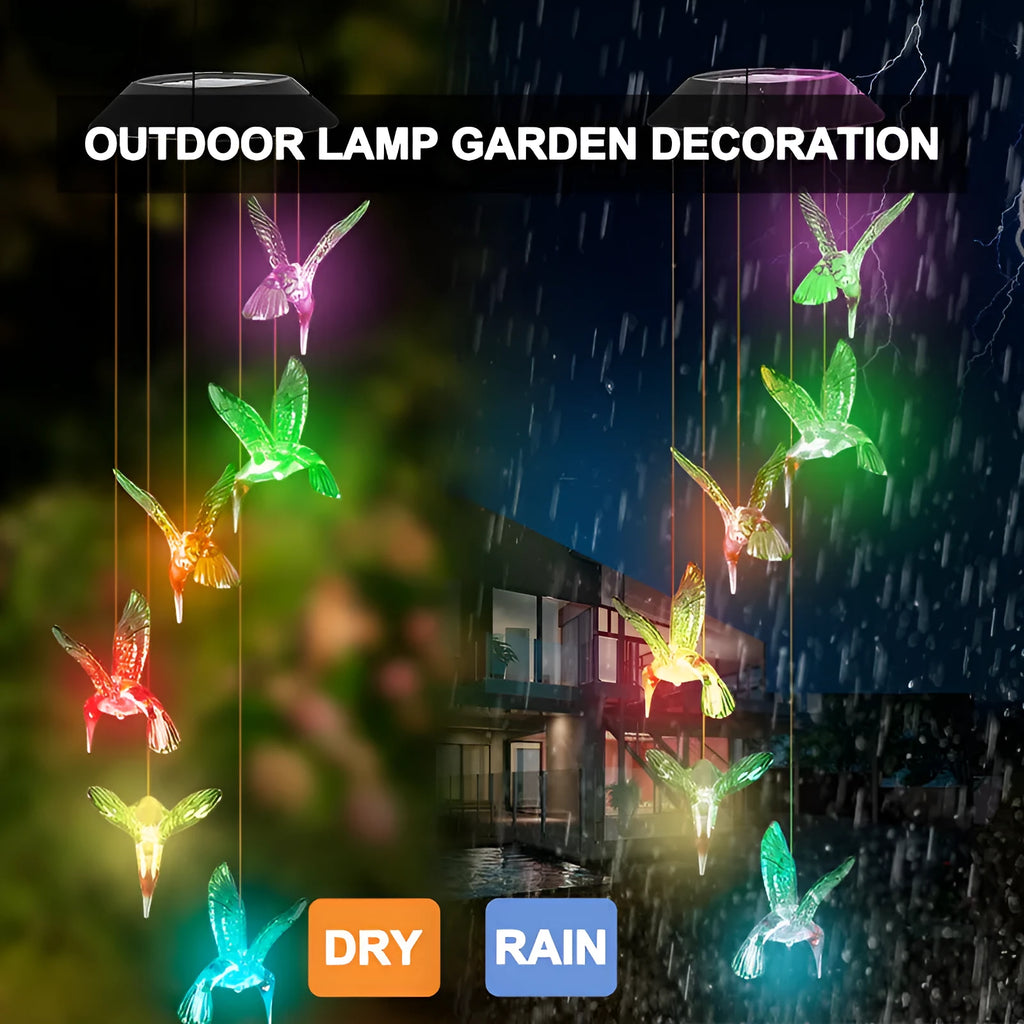 Solar powered wind chime garden lamp with LED lights in hummingbird butterfly designs for outdoor decoration