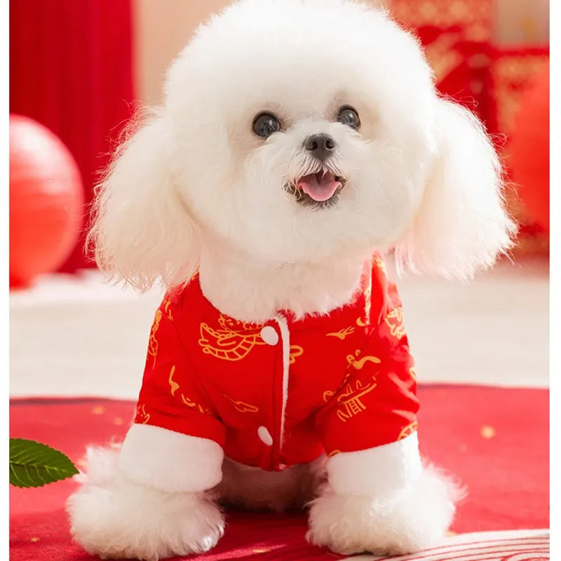 Lion dance pet jumpsuit in red with faux fur trim and leash ring, four-legged cotton jacket for dogs and cats.