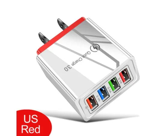 Luminous 4-port USB mobile phone charger in dark blue with EU plug, showing glowing indicator lights.