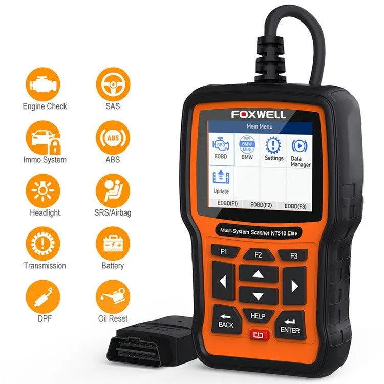 Orange and black Foxwell NT510 automotive OBD2 diagnostic scanner with colour screen