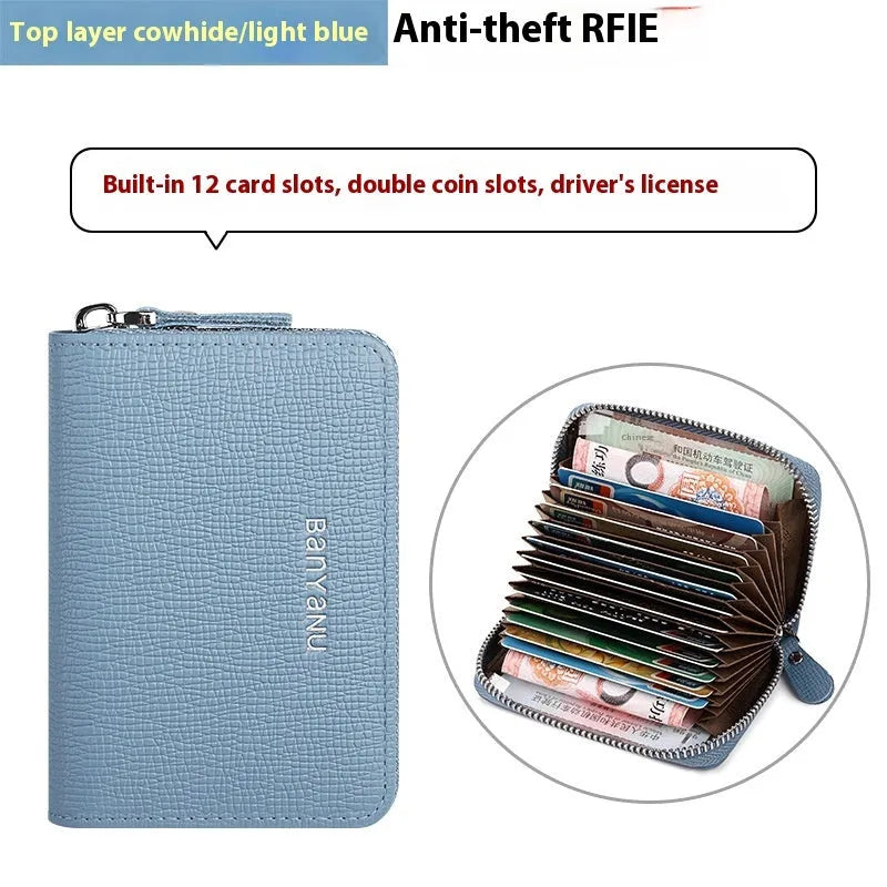 Genuine Leather Card Holder Female Cowhide Card Wallet Urban Simplicity 12 to 45 Slots Black Burgundy Pink Light Blue Dark Blue Daily Matching Card Organiser