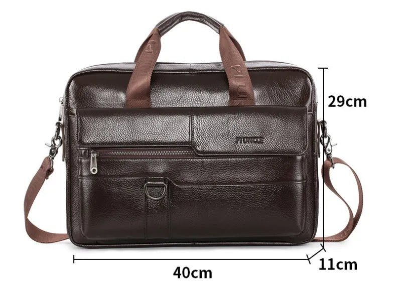 14 inch black leather men's briefcase in top layer cowhide with single shoulder strap and multiple interior pockets