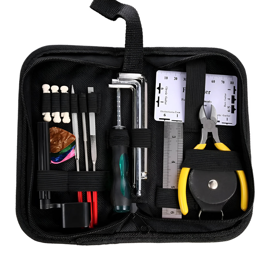 Black plastic and metal guitar repair tool kit for guitar bass mandolin banjo maintenance
