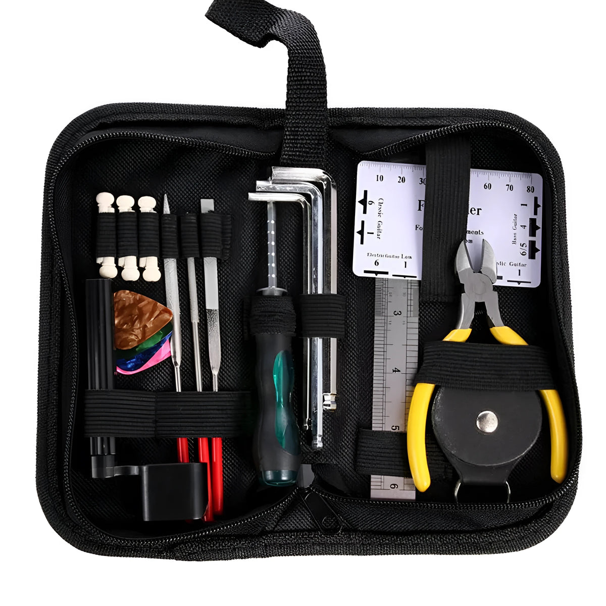 Black plastic and metal guitar repair tool kit for guitar bass mandolin banjo maintenance