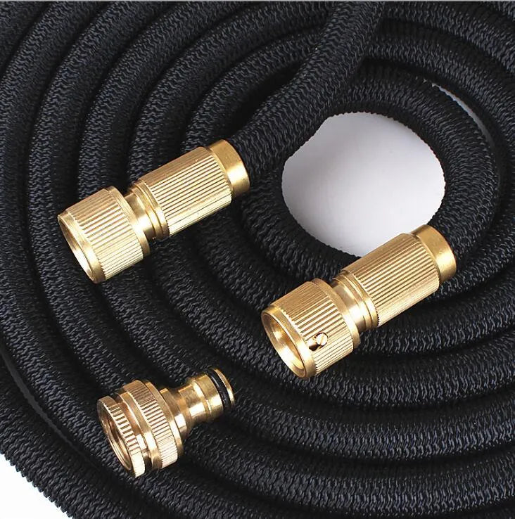 Expandable flexible water hose with braided outer sleeve, available in 25ft to 125ft sizes and Black Green Red colours.