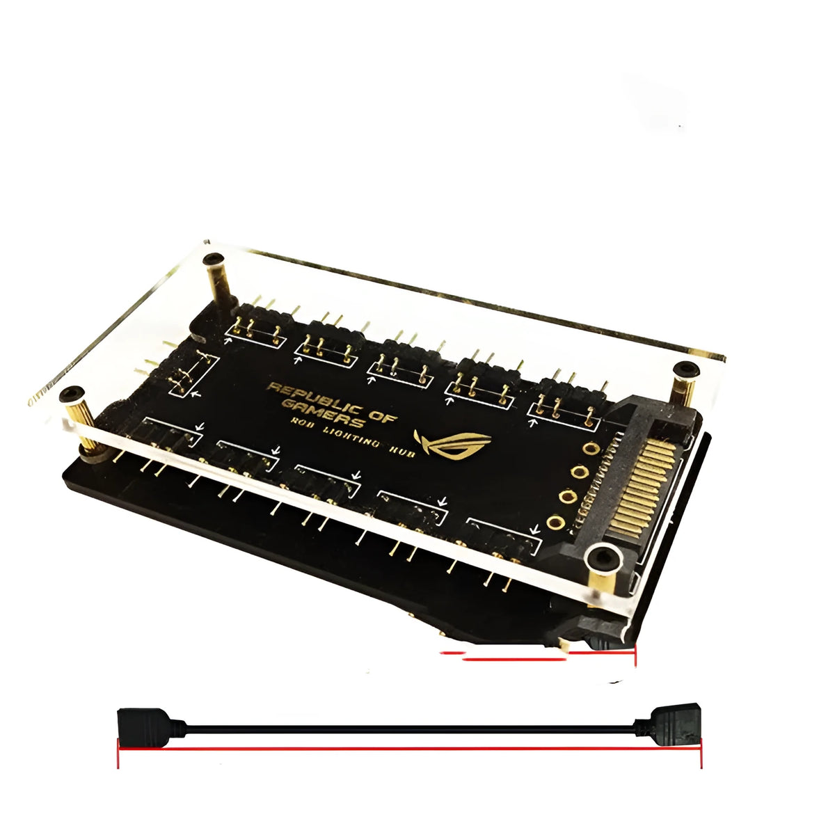Black RGB hub splitter with SATA power supply and up to 10 ports for 5V PC lighting