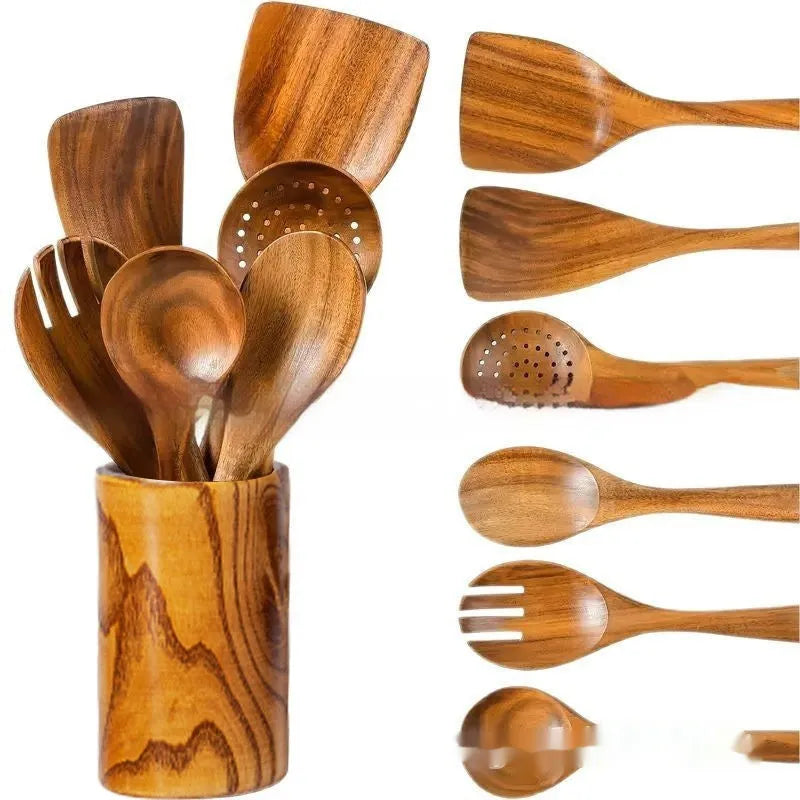 Wooden kitchen utensil set with seven pieces including spoons and spatulas in natural wood finish