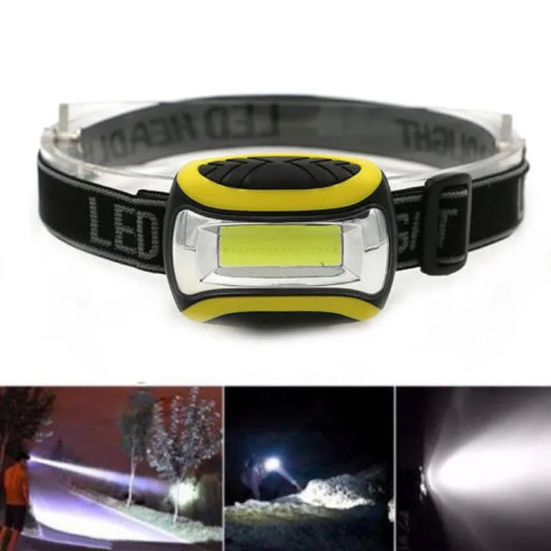 Yellow plastic headlamp with three-speed settings for hands-free outdoor and work lighting