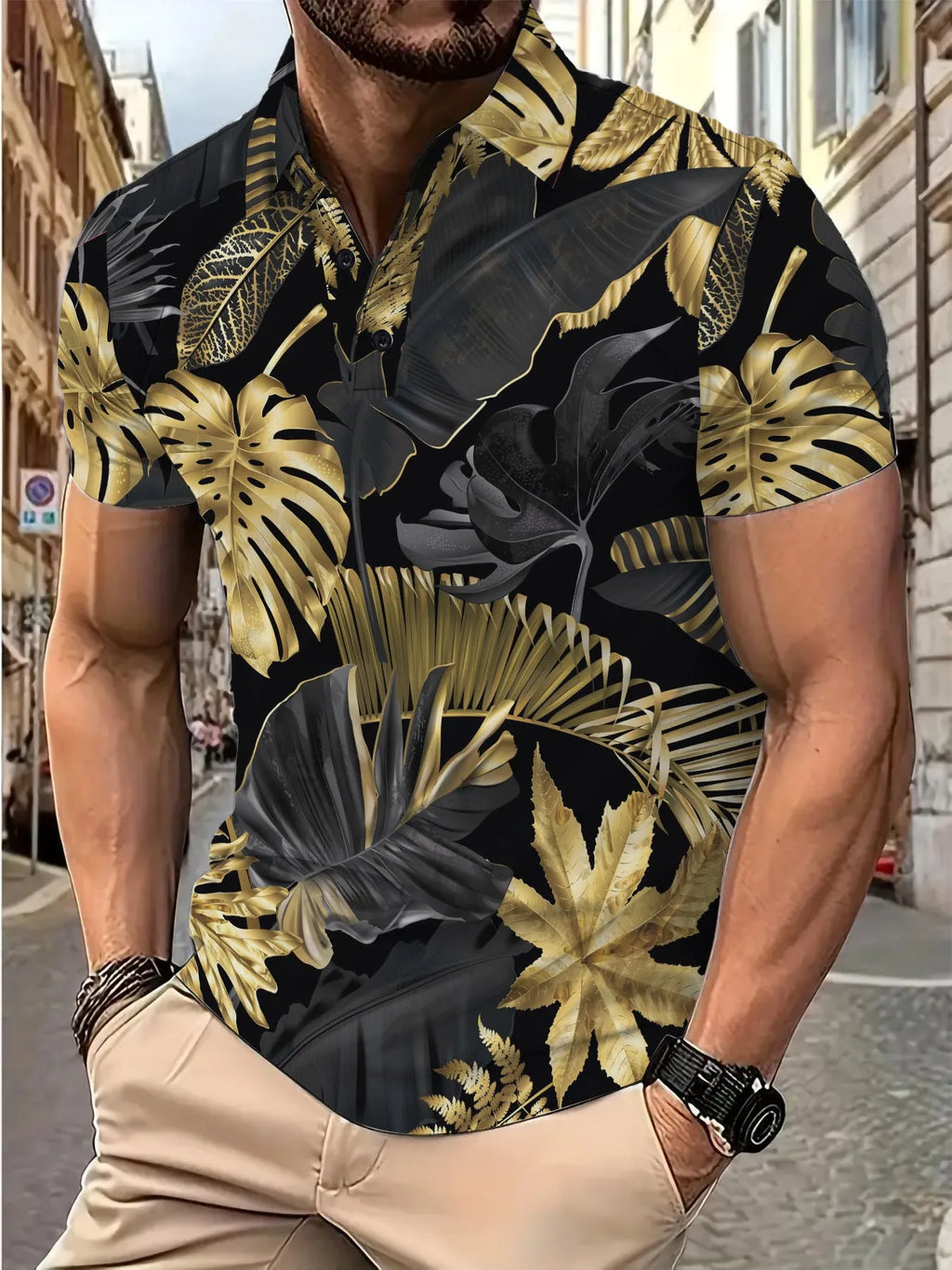 Men's gold tropical plant pattern printed short sleeve polyester shirt for summer wear