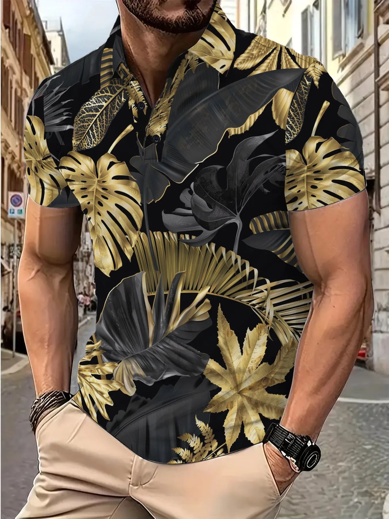 Men's gold tropical plant pattern printed short sleeve polyester shirt for summer wear