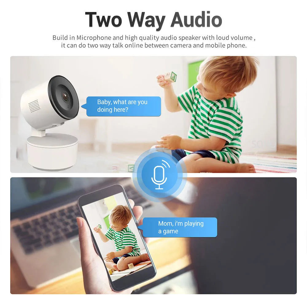 White indoor WiFi security camera with lens on a swivel base for pan and tilt movement.