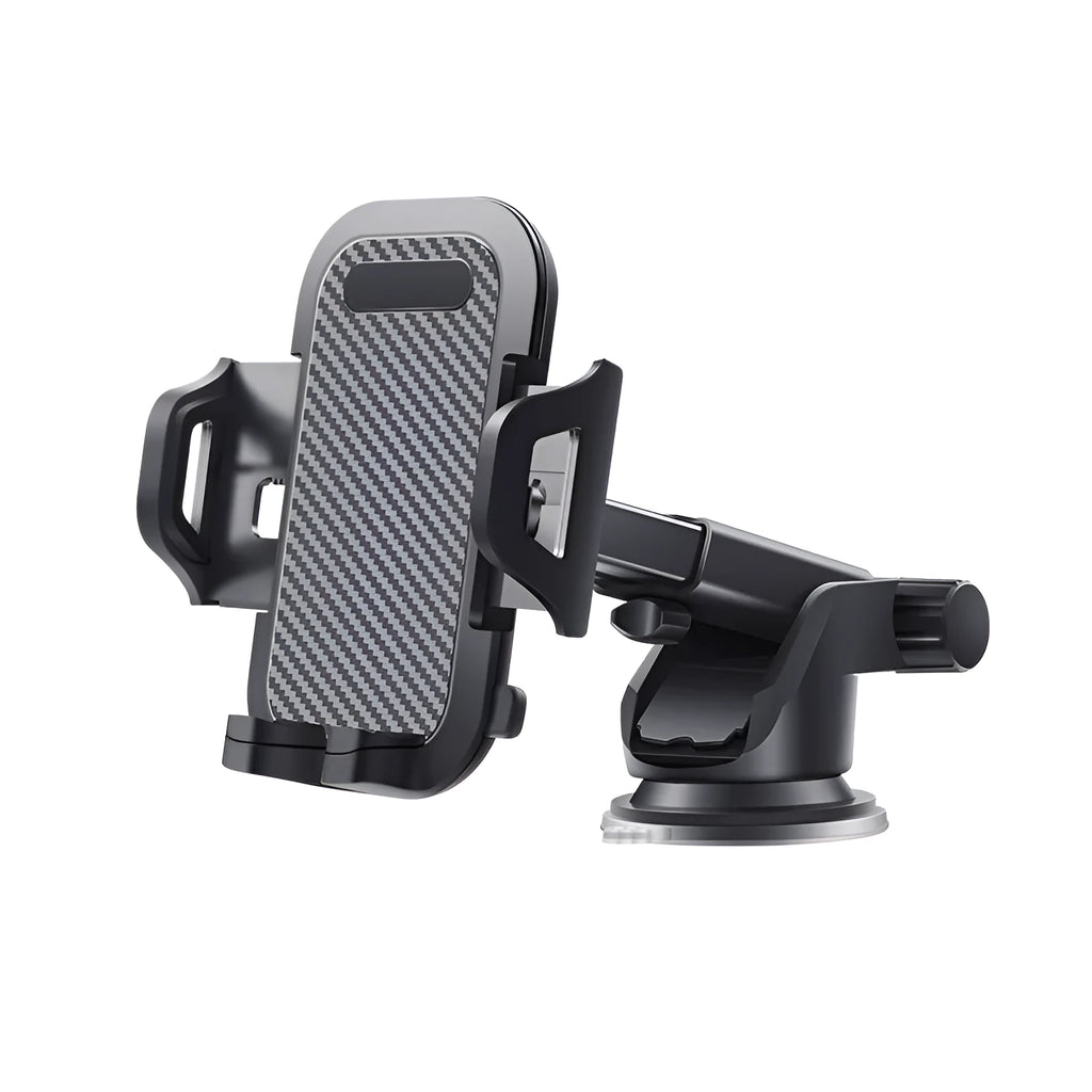 A black universal adjustable car phone holder suitable for mobile phones from 4 to 7 inches wide.