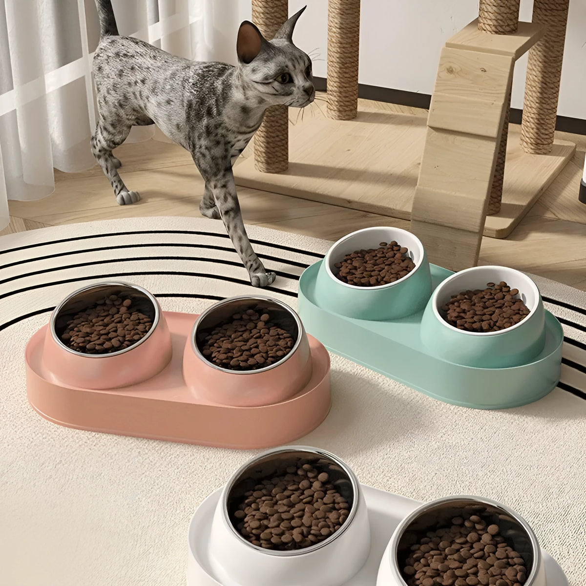 White elevated double pet food bowl with tilted design for cats and small dogs on a non-slip base.