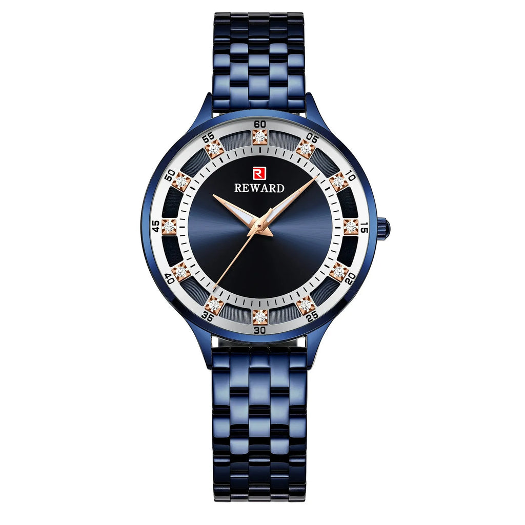 Women's quartz watch with steel belt, diamond detail, 8mm thickness, blue shell or rose shell or gold finish