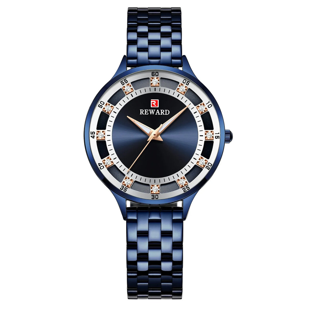 Women's quartz watch with steel belt, diamond detail, 8mm thickness, blue shell or rose shell or gold finish