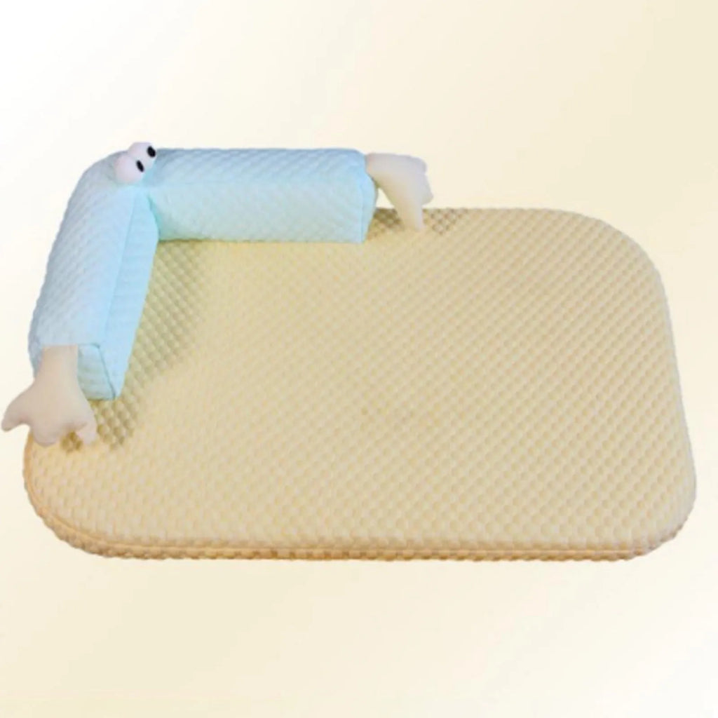 Blue pet bed with monster design showing breathable polyester fabric and non-slip base