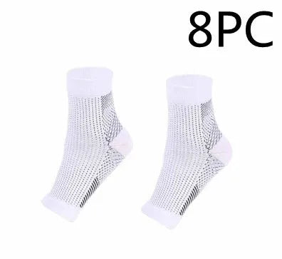 Nylon compression ankle support sleeve with heel hole, breathable and moisture-wicking, in black, red, or white.